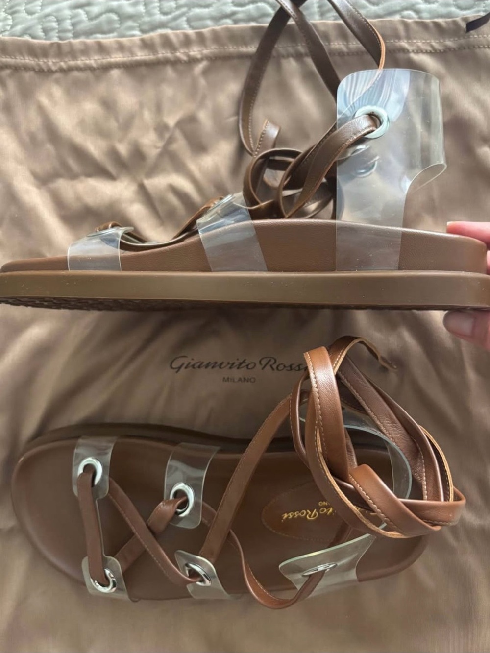 Gianvito Rossi Brown Leather and Clear PVC Lace-Up Sandals
